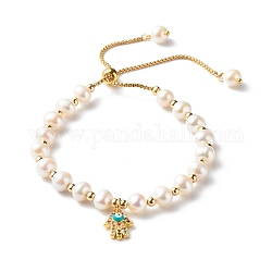 Adjustable Natural Pearl Beads Slider Bracelets, with 304 Stainless Steel Venetian Chains and Brass Hamsa Hand/Hand of Miriam with Evil Eye Charm, Beige, 0.15cm, Inner Diameter: 1-3/4~2-5/8 inch(4.3~6.8cm)