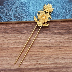 Accessoires pour cheveux en laiton accessoires de fourche à cheveux, avec des finitions en filigrane de fleurs en alliage, or, 115x12x2mm, diamètre intérieur: 10 mm