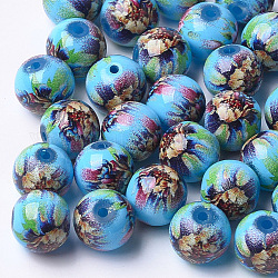 Perle di vetro stampate e verniciate a spruzzo, tondo con motivo floreale, cielo azzurro, 10~10.5x9.5mm, Foro: 1.6 mm