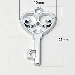 Zinc Alloy Pendants, Key, Platinum, 27x15x2mm, Hole: 2mm