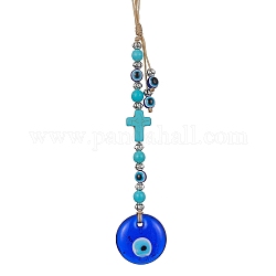 Décorations de pendentif mauvais œil en résine bleue, Ornement œil porte-bonheur turquoise synthétique en forme de croix avec perles de verre, plat rond, 215~300mm, pendentif: 110x25x6 mm