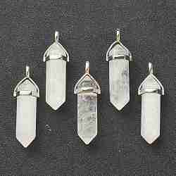 Pendentifs de cristal de quartz naturel, avec les accessoires en laiton de tonalité de platine, balle, 39.5x12x11.5mm, Trou: 4.5x2.8mm