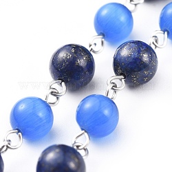 Handmade Natural Lapis Lazuli Beaded Chains, Unwelded, with Cat Eye Beads and 304 Stainless Steel Eye Pin, Round, Stainless Steel Color, 15x8mm, 39.37 inch(1m)/strand