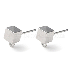 Accessoires de clous d'oreilles en laiton, avec boucle horizontale, cube, Platine plaqué réel, 8x5mm, Trou: 1.5mm, pin: 0.7 mm