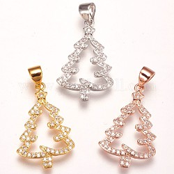 Brass Micro Pave Cubic Zirconia Pendants, Christmas Tree, Clear, Mixed Color, 23x15x2mm, Hole: 3.5x5mm