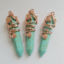 Synthetic Turquoise Pointed Pendants, with Brass Findings, Bullet, Platinum, 57~60x16mm, Hole: 8x5mm