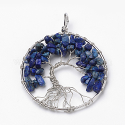 Natural Lapis Lazuli Big Pendants, with Brass Findings, Dyed, Flat Round with Tree of Life, Platinum, 64x50~52x7mm, Hole: 5x4mm