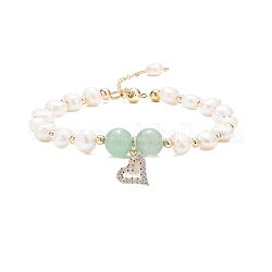 Bracelet en perles d'aventurine verte naturelle et perle avec breloque cœur en zircone cubique, bijoux en pierres précieuses pour femmes, diamètre intérieur: 2-1/8~2-5/5 pouce (5.4~6.8 cm)