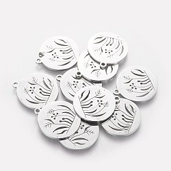 201 Stainless Steel Pendants, Flat Round with Plant pattern, Stainless Steel Color, 20x18x1.1mm, Hole: 1.5mm