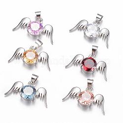 Brass Cubic Zirconia Pendant, Angel Wings, Platinum, Mixed Color, 11.5x21x5mm, Hole: 4x5mm