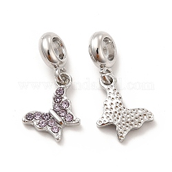 Rack Plating Alloy Rhinestone European Dangle Charms, Large Hole Charms, Butterfly, Platinum, Violet, 25~26.5mm, Butterfly: 15~16x9.5~12.5x2.5mm, Hole: 4.5~5mm