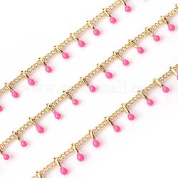 3.28 pieds de chaînes en perles d'émail faites à la main, avec des chaînes en laiton de trottoir, soudé, Plaqué longue durée, véritable 18k plaqué or, rose foncé, 5.5x1.5~2mm