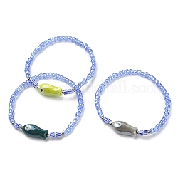 Bracelet extensible en perles de poisson et de graines en porcelaine, couleur mixte, diamètre intérieur: 2 pouce (5.2 cm)