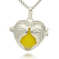 Silver Color Plated Brass Hollow Heart Cage Pendants, with No Hole Spray Painted Brass Ball Beads, Gold, 28x30x16mm, Hole: 3x8mm