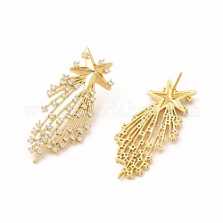Rack Plating Brass Micro Pave Cubic Zirconia Stud Earrings for Women, Long-Lasting Plated, Lead Free & Cadmium Free, Meteor, Real 18K Gold Plated, 42x17mm, Pin: 1mm