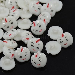 Boutons en acrylique, 1-trou, teinte, pomme avec le visage de sourire, blanc, 14x13x3mm, Trou: 3mm
