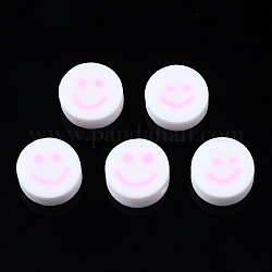 Abalorios de arcilla polimérica hechos a mano, Para suministros de manualidades de joyería diy, plano y redondo con la cara sonriente, rosa perla, 10x4~4.5mm, agujero: 1.8 mm