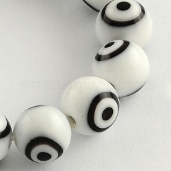 Perles rondes vernissées de mauvais œil manuelles, blanc, 10mm, Trou: 1mm, Environ 38 pcs/chapelet, 14.1 pouce