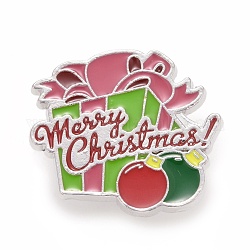 Confezione regalo con spilla smaltata scritta Merry Christmas, distintivo in lega per vestiti zaino, platino, colorato, 24x26.5x1.8mm