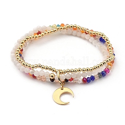 Bracciali stende, con perle naturali di pietra di luna, perle di vetro, perline in ottone e pendente a forma di luna, oro, diametro interno: 5.5 cm (2-1/8 pollici)