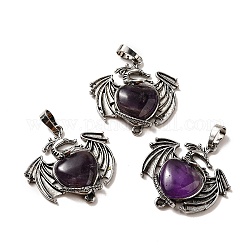 Natural Amethyst Heart Pendants, Dragon Charms, with Rack Plating Antique Silver Plated Brass Findings, Lead Free & Cadmium Free, 33x33.5~34x7~7.5mm, Hole: 8x5mm