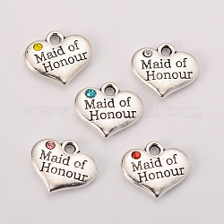 Wedding Theme Antique Silver Tone Tibetan Style Alloy Heart with Maide of Honour Rhinestone Charms, Mixed Color, 14x16x3mm, Hole: 2mm