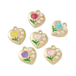 Colgantes de perlas de imitación de plástico abs, con fornituras de aleación dorada y esmalte, encanto de corazón con flor, color mezclado, 15x14x4mm, agujero: 1.6 mm