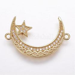 Brass Micro Pave Cubic Zirconia Links, Moon and Star, Golden, 18x27x2mm, Hole: 1mm