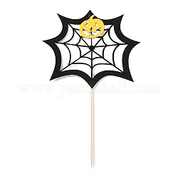 Fieltro tela y papel tela de araña pastel insertar tarjeta decoración, con palo de bambú, para la decoración de pasteles de halloween, negro, 164mm