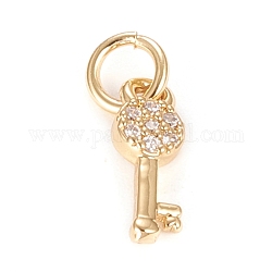 Brass Micro Pave Clear Cubic Zirconia Pendants, with Jump Rings, Key, Real 18K Gold Plated, 11.5x4x2mm, Hole: 3mm, Jump Ring: 5x0.8mm