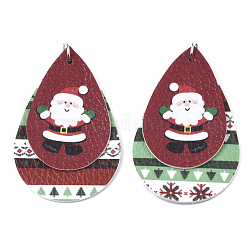 Pendentifs en cuir pu thème de Noël gros, avec anneau de saut en fer platine, larme, avec le père noël, colorées, 56.5x37x3mm, Trou: 5mm