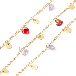 Handmade Cubic Zirconia Heart & Brass Flat Round Charms Chain, with Curb Chains, Real 18K Gold Plated, Lead Free & Cadmium Free, Soldered, with Spool, Colorful, 2x2x0.5mm