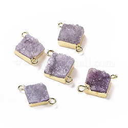 Connecteurs de liens de quartz druzy naturel, avec les accessoires en laiton, carrée, couleur d'argent, lilas, 16~18x13~14x6~8mm, Trou: 2mm