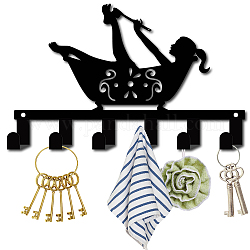 Iron Wall Mounted Hook Hangers, Decorative Organizer Rack with 6 Hooks, for Bag Clothes Key Scarf Hanging Holder, Bath Women, Gunmetal, 16.5x27cm