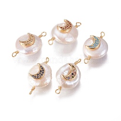 Natural Pearl Links connectors, with Cubic Zirconia and Brass Findings, Flat Round with Moon, Golden, Mixed Color, 19~23x10~12x6~9mm, Hole: 1.6mm