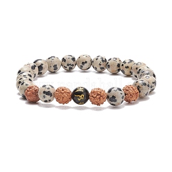 Bracelet de perles mala, mot om mani padme hum bracelet extensible naturel rudraksha & dalmatien & obsidienne pour femme, diamètre intérieur: 2-1/4 pouce (5.75 cm)