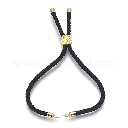 Fabrication de bracelet en corde de coton, avec les accessoires en laiton, plat et circulaire avec arbre de vie, véritable 18k plaqué or, noir, 8-5/8 pouce (22 cm), Trou: 2mm