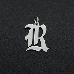 304 Stainless Steel Pendants, with Jump Ring, Old English, Letter, Laser Cut, Stainless Steel Color, Letter.R, 16x13x1mm, Hole: 3mm