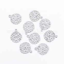 Плоские круглые латунные цветок филигранные фурнитуры брелоки кулоны, серебристый цвет, 15x13x0.5 мм, отверстие : 1 мм
