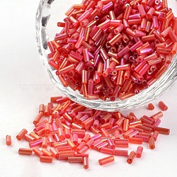 Rohr transparent Farben Regenbogen plattierte Glashornperlen, rot, 3~5x1.8~2 mm, Bohrung: 0.8 mm, ca. 1200 Stk. / 50 g