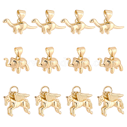 SUPERFINDINGS 12Pcs 3 Style Brass Charms, Long-Lasting Plated, Dinosaur & Unicorn & Elephant, Real 18K Gold Plated, 9~13x16~20.5x3~9.5mm, Hole: 3~4mm, 4pcs/style