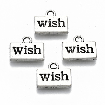 Tibetan Style Alloy Charms, Rectangle with Word Wish, Cadmium Free & Lead Free, Antique Silver, 10x13x2mm, Hole: 1.8mm, about 1000pcs/1000g