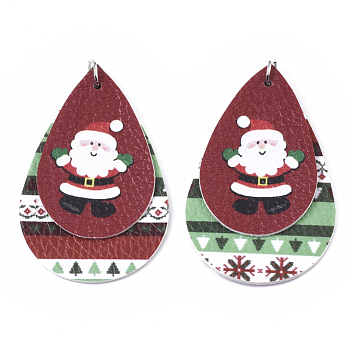 Pendentifs en cuir pu thème de Noël gros, avec anneau de saut en fer platine, larme avec le père noël, colorées, 56.5x37x3mm, Trou: 5mm