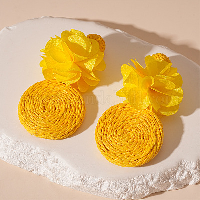 Серьги-гвоздики с цветком и плоским круглым сплавом из рафии FS-WG2EF97-02-1