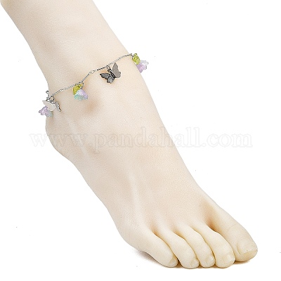 Браслеты на ногу из латунной цепочки с подвесками в виде бабочек и стеклянных цветов из нержавеющей стали 201 AJEW-AN00736-02-1