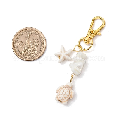 Подвеска в виде ракушки с кристаллами из синтетической бирюзы и натурального белого перламутра в виде морской звезды и морской черепахи HJEW-JM03169-01-1
