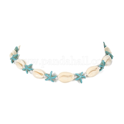 Ожерелье из натуральных ракушек и синтетической бирюзы в виде морской звезды с застежками из нержавеющей стали 304 NJEW-TA00107-01-1