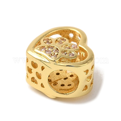 Сердце с рисунком в виде отпечатка лапы стойка покрытие латунь микропаве кубический цирконий европейские бусины KK-G511-05A-G-1