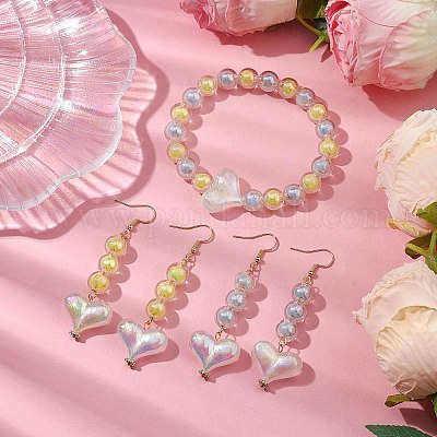 Комплект браслета и серег с круглыми и сердечками из акриловых бусин SJEW-JS01301-1