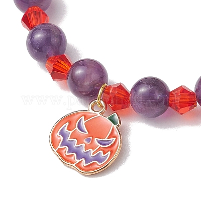 Эластичные браслеты круглые из натурального аметиста и стеклянных бусин диаметром 8 мм для Хэллоуина BJEW-JB10701-1